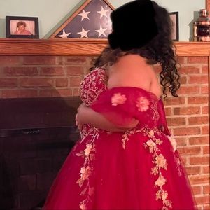 Size 18, detachable sleeves, strapless, red, floral print